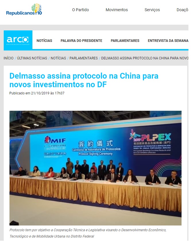 Republicanos: Delmasso assina protocolo na China para novos investimentos no DF