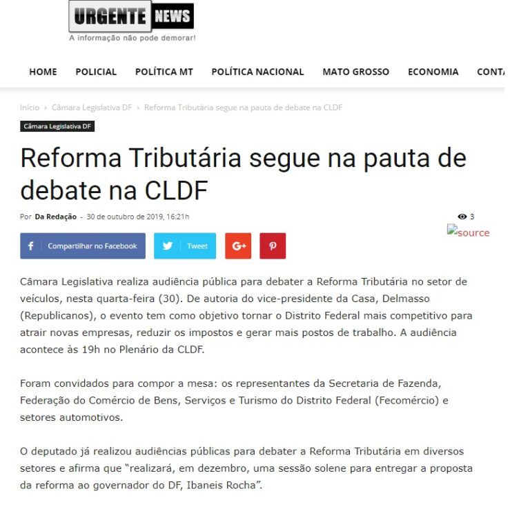 Urgente News: Reforma Tributária segue na pauta de debate na CLDF