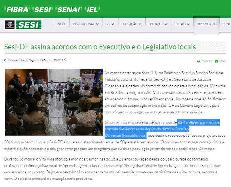 Sistema Fibra: Sesi-DF assina acordos com o Executivo e o Legislativo locais