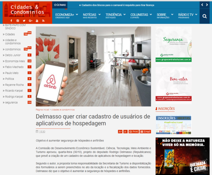 Cidades e Condomínios: Delmasso quer criar cadastro de usuários de aplicativos de hospedagem Cidades e Condomínios: Delmasso quer criar cadastro de usuários de aplicativos de hospedagem