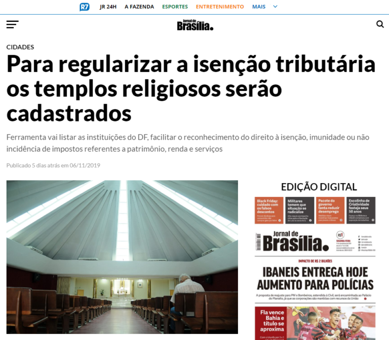 Jornal de Brasília: Para regularizar a isenção tributária os templos religiosos serão cadastrados