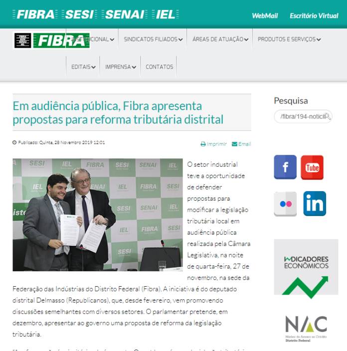 Sistema Fibra: Em audiência pública, Fibra apresenta propostas para reforma tributária distrital