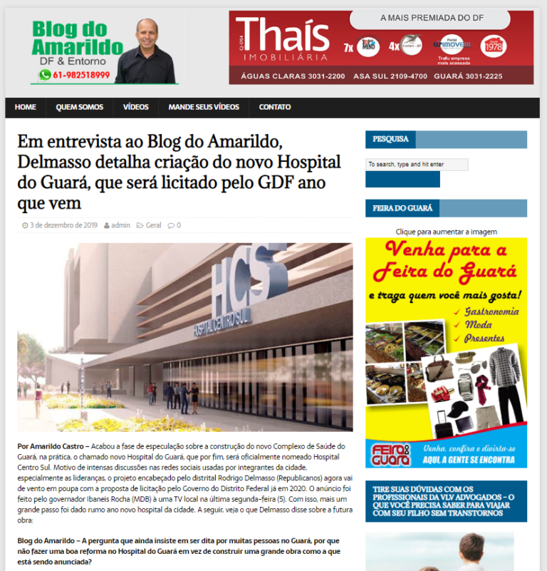 Blog do Amarildo: Em entrevista ao Blog do Amarildo, Delmasso detalha criação do novo Hospital do Guará, que será licitado pelo GDF ano que vem