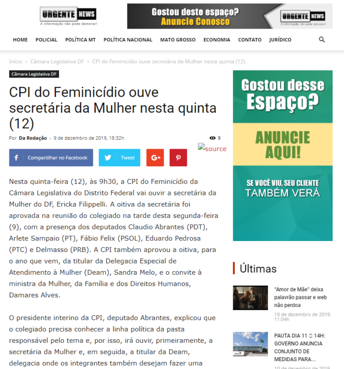 Urgente News: CPI do Feminicídio ouve secretária da Mulher nesta quinta