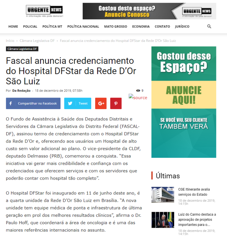 Urgente News: Fascal anuncia credenciamento do Hospital DFStar da Rede D’Or São Luiz