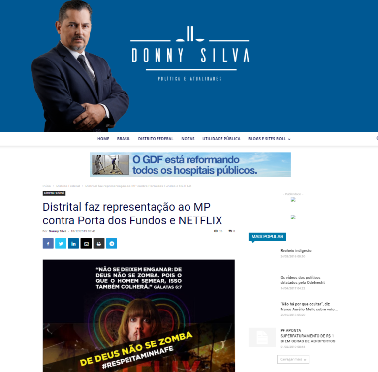 Donny Silva: Distrital faz representação ao MP contra Porta dos Fundos e NETFLIX