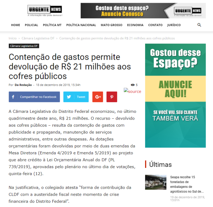 Urgente News: Contenção de gastos permite devolução de R$ 21 milhões aos cofres públicos