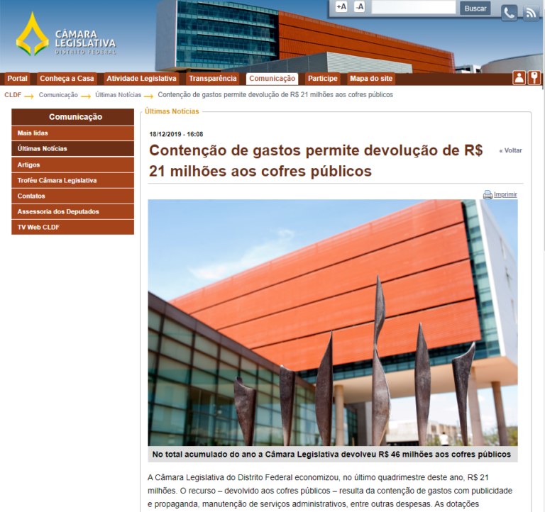Câmara Legislativa: Contenção de gastos permite devolução de R$ 21 milhões aos cofres públicos