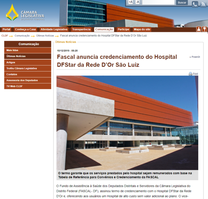 CLDF: Fascal anuncia credenciamento do Hospital DFStar da Rede D’Or São Luiz