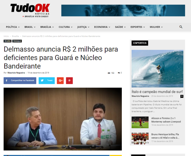 Tudo OK: Delmasso anuncia R$ 2 milhões para deficientes para Guará e Núcleo Bandeirante