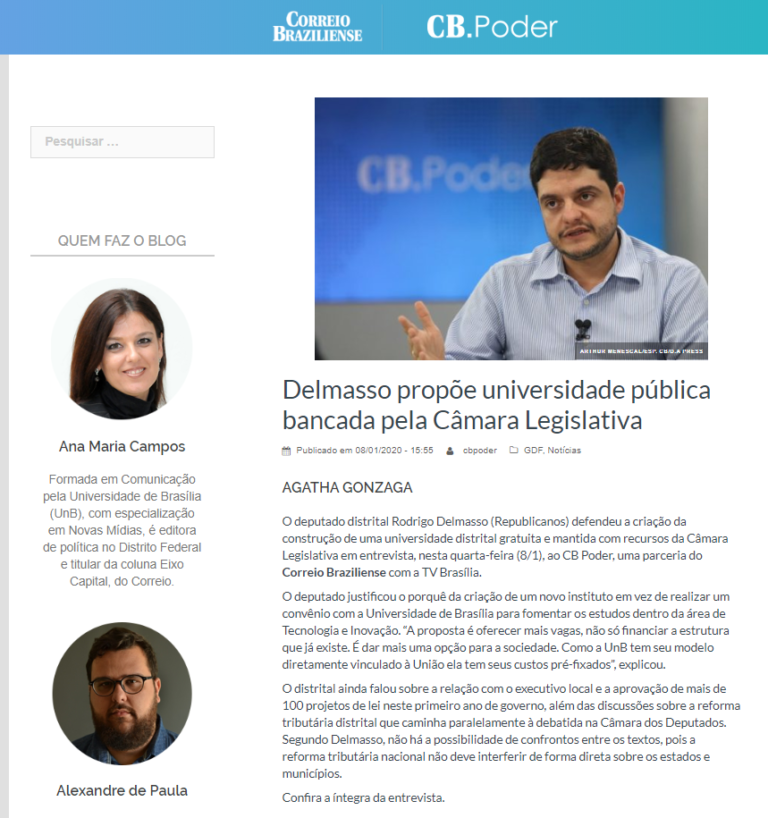 Correio Braziliense CB.Poder: Delmasso propõe universidade pública bancada pela Câmara Legislativa