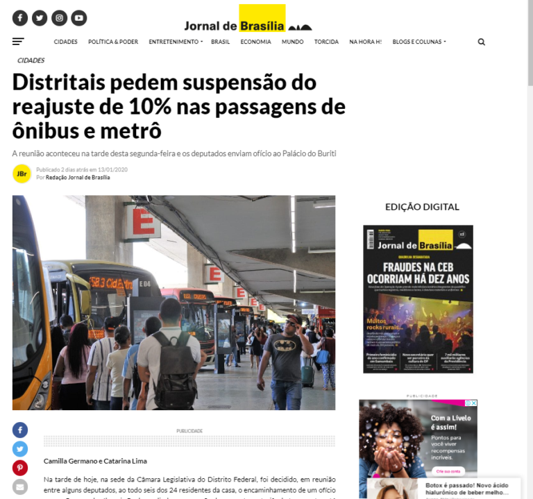 Jornal de Brasília: Distritais pedem suspensão do reajuste de 10% nas passagens de ônibus e metrô