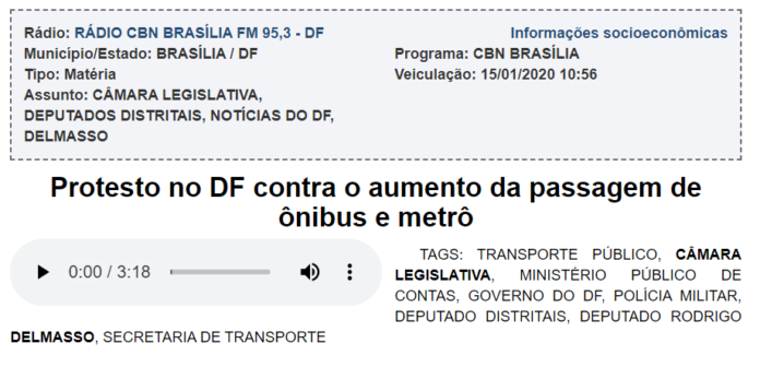 Rádio CBN: Protesto no DF contra o aumento da passagem de ônibus e metrô