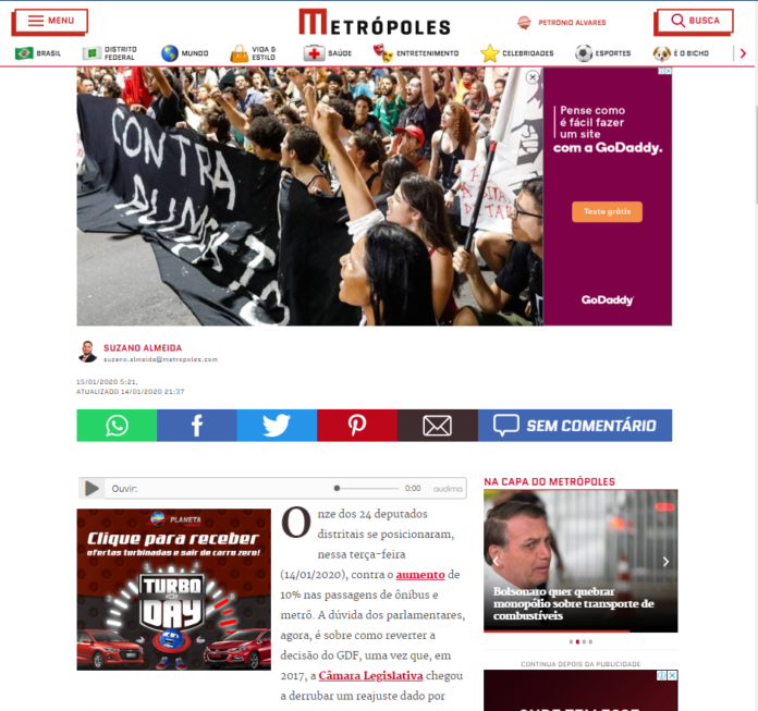 Metrópoles: CLDF: 11 distritais são contra reajuste na tarifa de ônibus