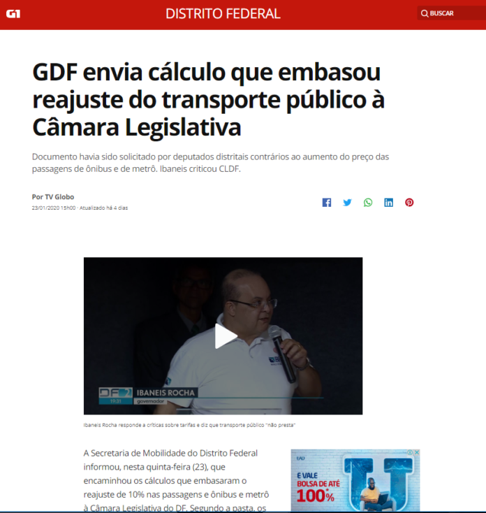 G1: GDF envia cálculo que embasou reajuste do transporte público à Câmara Legislativa