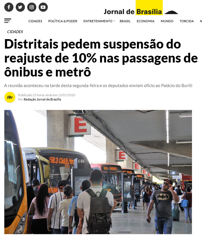 Jornal de Brasília: Distritais pedem suspensão do reajuste de 10% nas passagens de ônibus e metrô