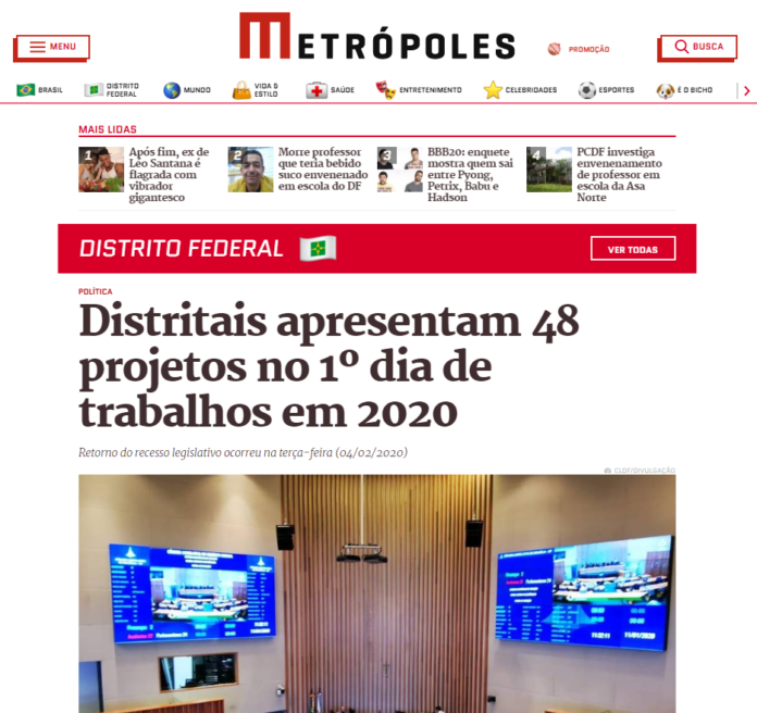 Metrópoles: Distritais apresentam 48 projetos no 1º dia de trabalhos em 2020