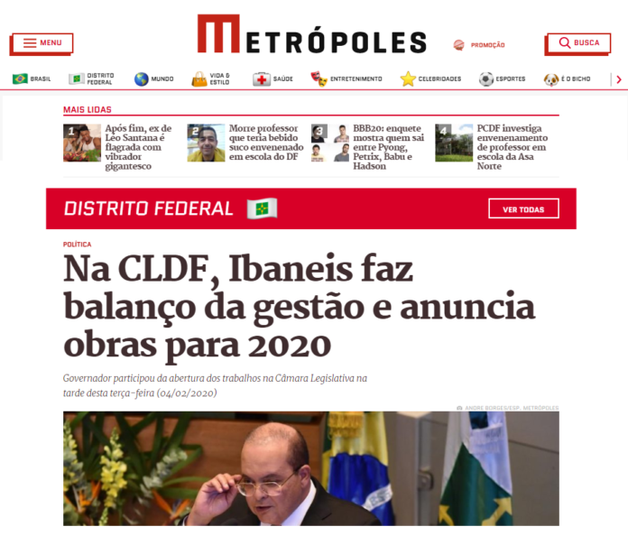Metrópoles: Na CLDF, Ibaneis faz balanço da gestão e anuncia obras para 2020