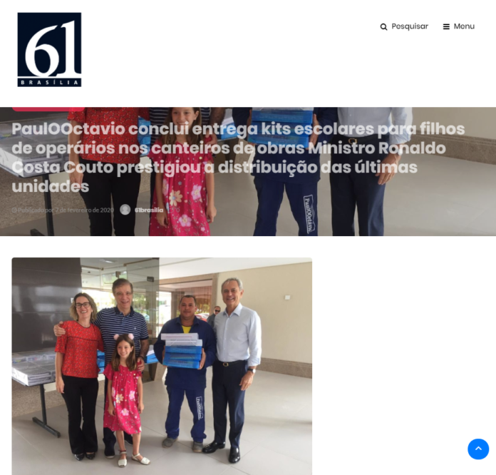 61Brasília: PaulOOctavio conclui entrega kits escolares para filhos de operários nos canteiros de obras Ministro Ronaldo Costa Couto prestigiou a distribuição das últimas unidades