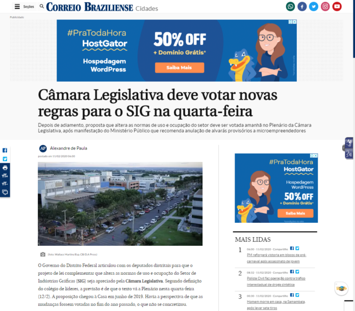 Correio Braziliense: Câmara Legislativa deve votar novas regras para o SIG na quarta-feira
