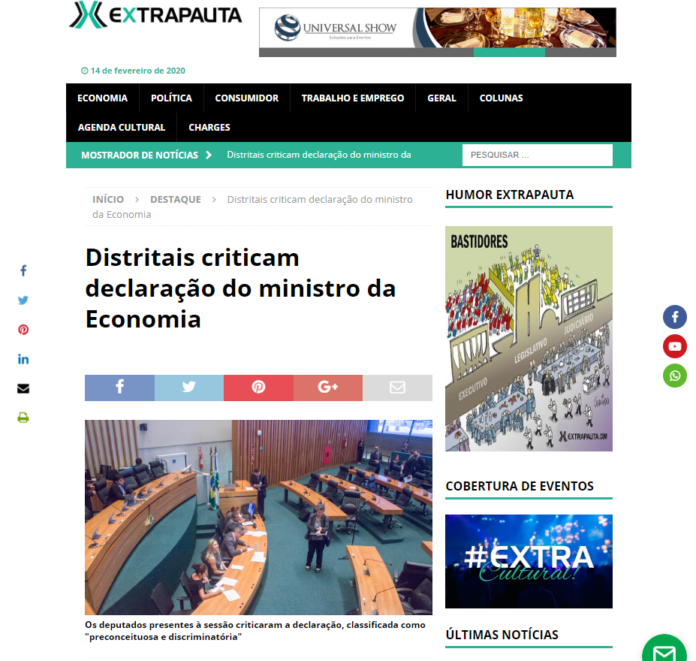 Extrapauta: Distritais criticam declaração do ministro da Economia