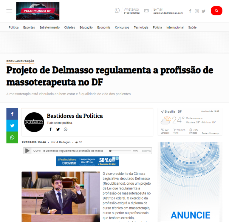 Pelo Mundo DF: Projeto de Delmasso regulamenta a profissão de massoterapeuta no DF