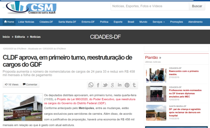Correio de Santa Maria: CLDF aprova, em primeiro turno, reestruturação de cargos do GDF