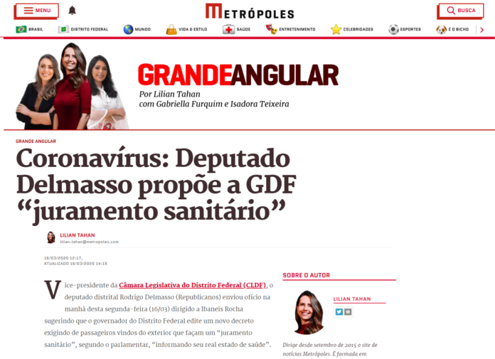 Metrópoles: Coronavírus: Deputado Delmasso propõe a GDF “juramento sanitário”