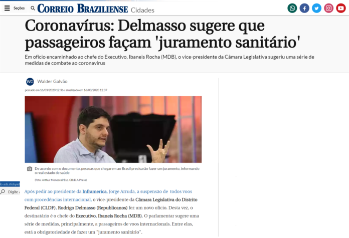Correio Braziliense: Coronavírus: Delmasso sugere que passageiros façam 'juramento sanitário'