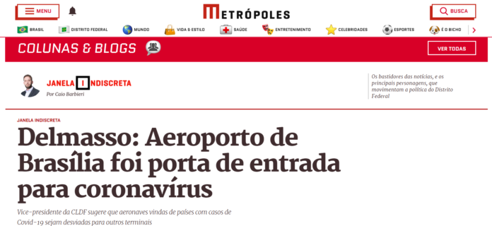 Metrópoles: Delmasso: Aeroporto de Brasília foi porta de entrada para coronavírus