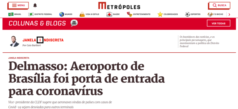 Metrópoles: Delmasso: Aeroporto de Brasília foi porta de entrada para coronavírus