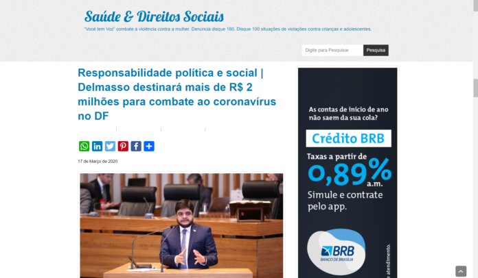 Saúde e Direito Social: Responsabilidade política e social | Delmasso destinará mais de R$ 2 milhões para combate ao coronavírus no DF