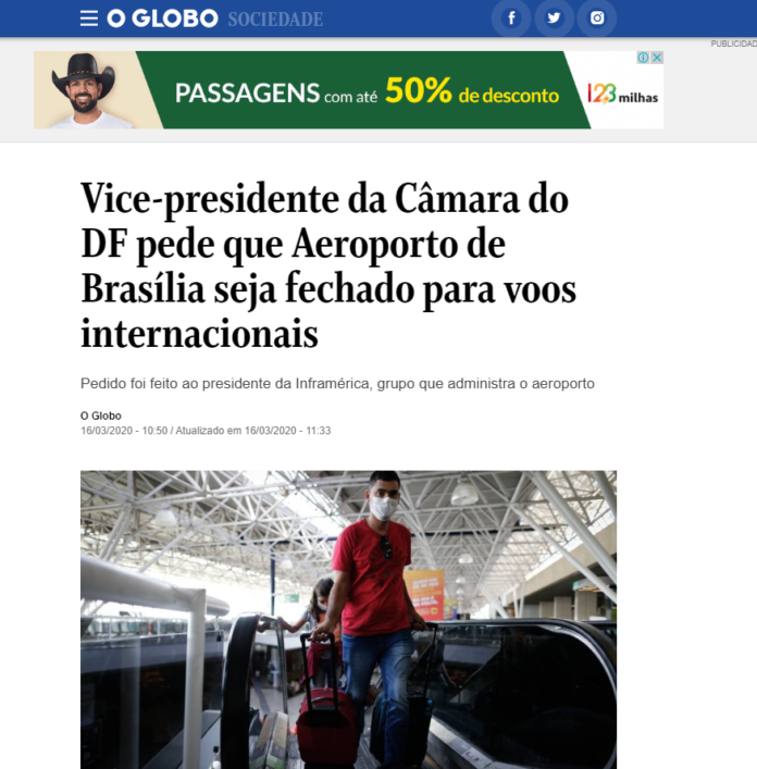 O Globo: Vice-presidente da Câmara do DF pede que Aeroporto de Brasília seja fechado para voos internacionais
