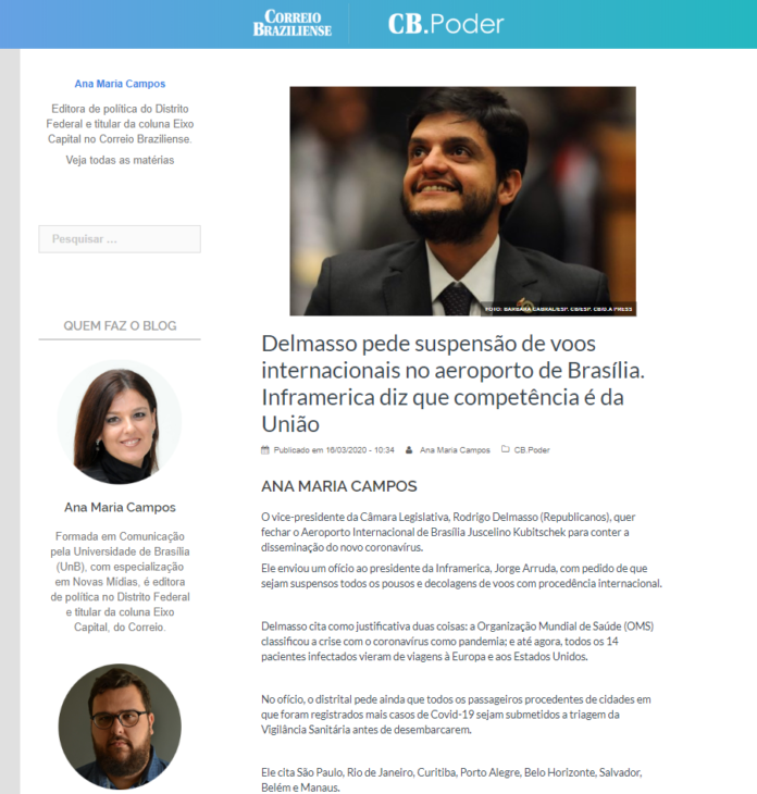 Correio Braziliense - CB.Poder: Delmasso pede suspensão de voos internacionais no aeroporto de Brasília. Inframerica diz que competência é da União