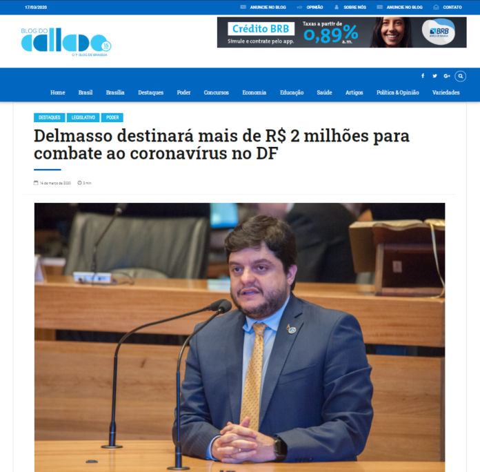 Blog do Callado: Delmasso destinará mais de R$ 2 milhões para combate ao coronavírus no DF