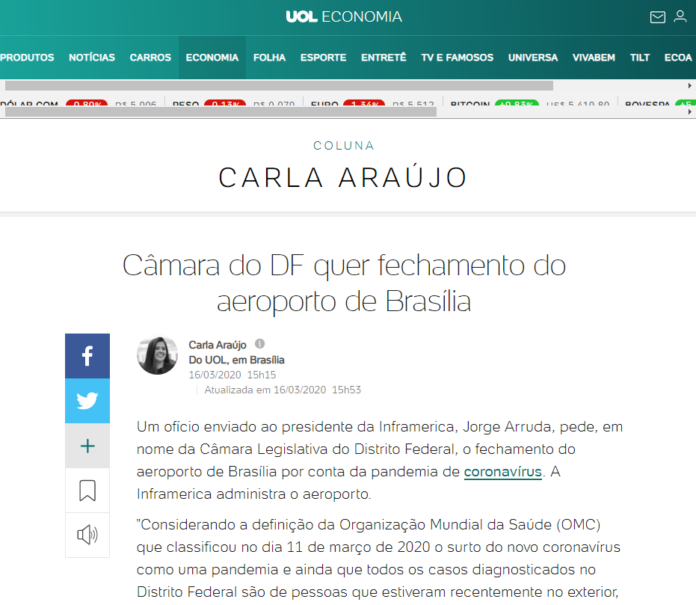 Uol Economia: Câmara do DF quer fechamento do aeroporto de Brasília