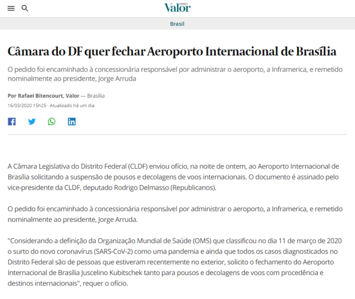 Valor Econômico: Câmara do DF quer fechar Aeroporto Internacional de Brasília
