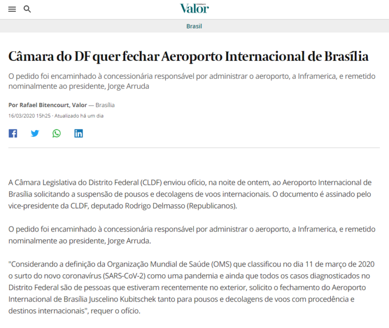 Valor Econômico: Câmara do DF quer fechar Aeroporto Internacional de Brasília