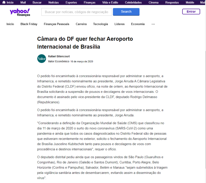 Yahoo! Finanças: Câmara do DF quer fechar Aeroporto Internacional de Brasília