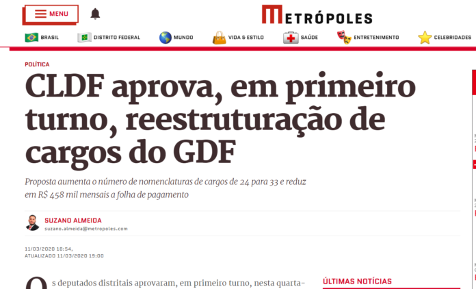 Metrópoles: CLDF aprova, em primeiro turno, reestruturação de cargos do GDF