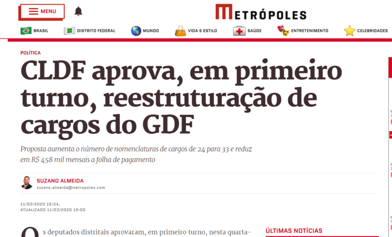 Metrópoles: CLDF aprova, em primeiro turno, reestruturação de cargos do GDF