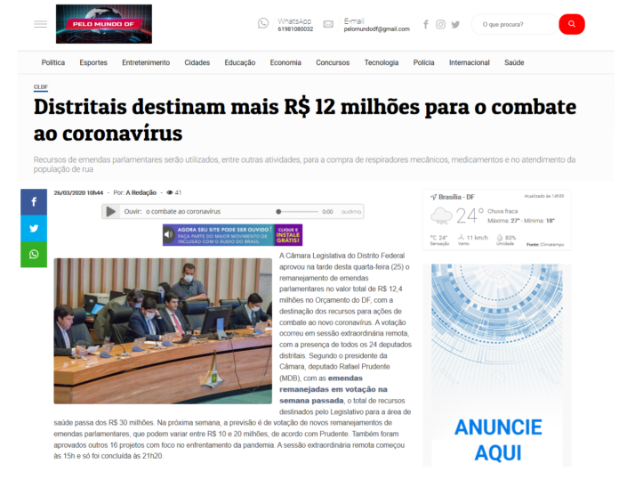 Pelo Mundo DF: Distritais destinam mais R$ 12 milhões para o combate ao coronavírus