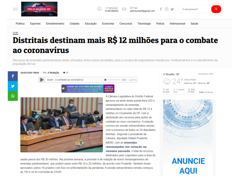 Pelo Mundo DF: Distritais destinam mais R$ 12 milhões para o combate ao coronavírus