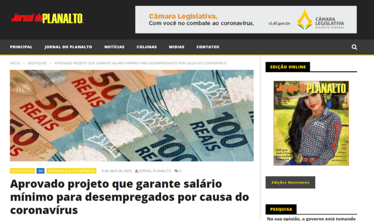 Jornal do Planalto: Aprovado projeto que garante salário mínimo para desempregados por causa do coronavírus