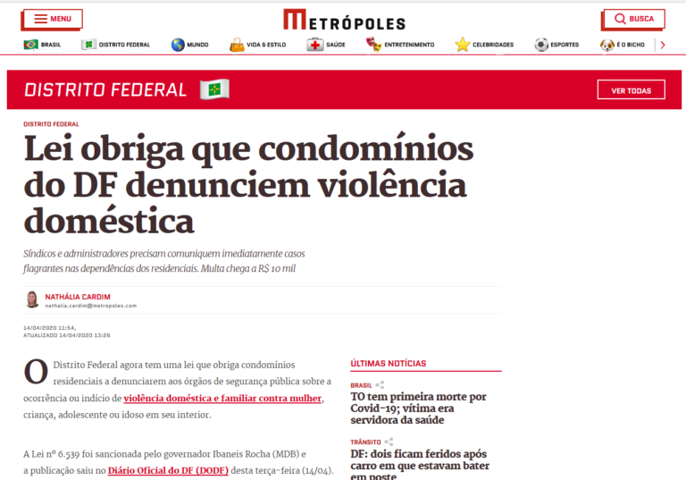 Metrópoles: Lei obriga que condomínios do DF denunciem violência doméstica