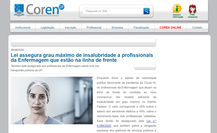 Coren DF: Lei assegura grau máximo de insalubridade a profissionais da Enfermagem que estão na linha de frente