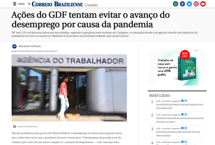 Correio Braziliense: Ações do GDF tentam evitar o avanço do desemprego por causa da pandemia