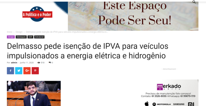 A Política e o Poder: Delmasso pede isenção de IPVA para veículos impulsionados a energia elétrica e hidrogênio