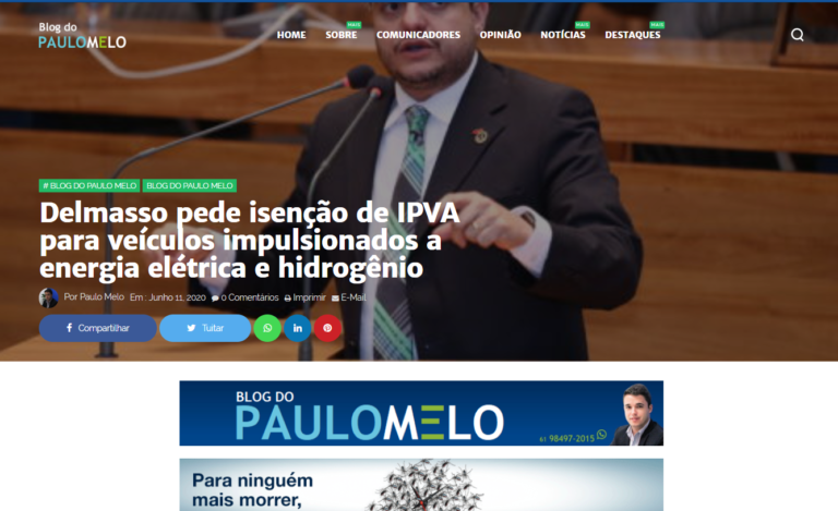 Blog do Paulo Melo: Delmasso pede isenção de IPVA para veículos impulsionados a energia elétrica e hidrogênio
