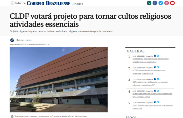 Correio Braziliense: CLDF votará projeto para tornar cultos religiosos atividades essenciais